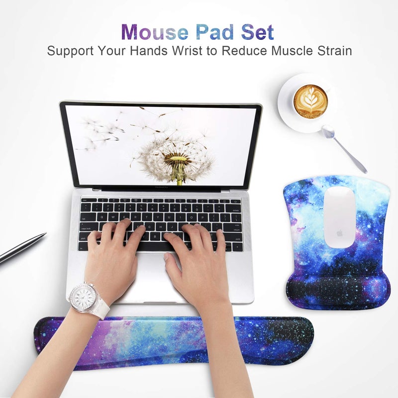 iVeze Mouse Pad with Wrist Support and Keyboard Wrist Rest Pad Set,Ergonomic Mouse Pads for Computers Laptop,Non-Slip Comfortable Mousepad w/Raised Memory Foam for Easy Typing & Pain Relief (Galaxy) - Image 2